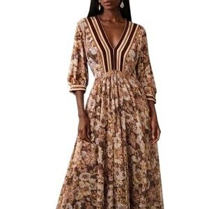 Bohme Floral Maxi Dress V-Neck Boho Cottagecore Striped‎ Bodice S